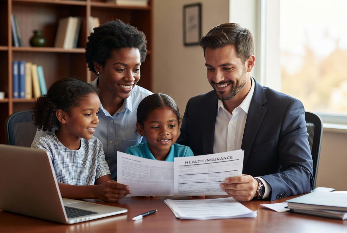 Family reviewing health insurance options with licensed agent