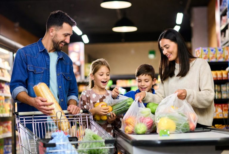 Family shopping for fresh groceries with EBT card